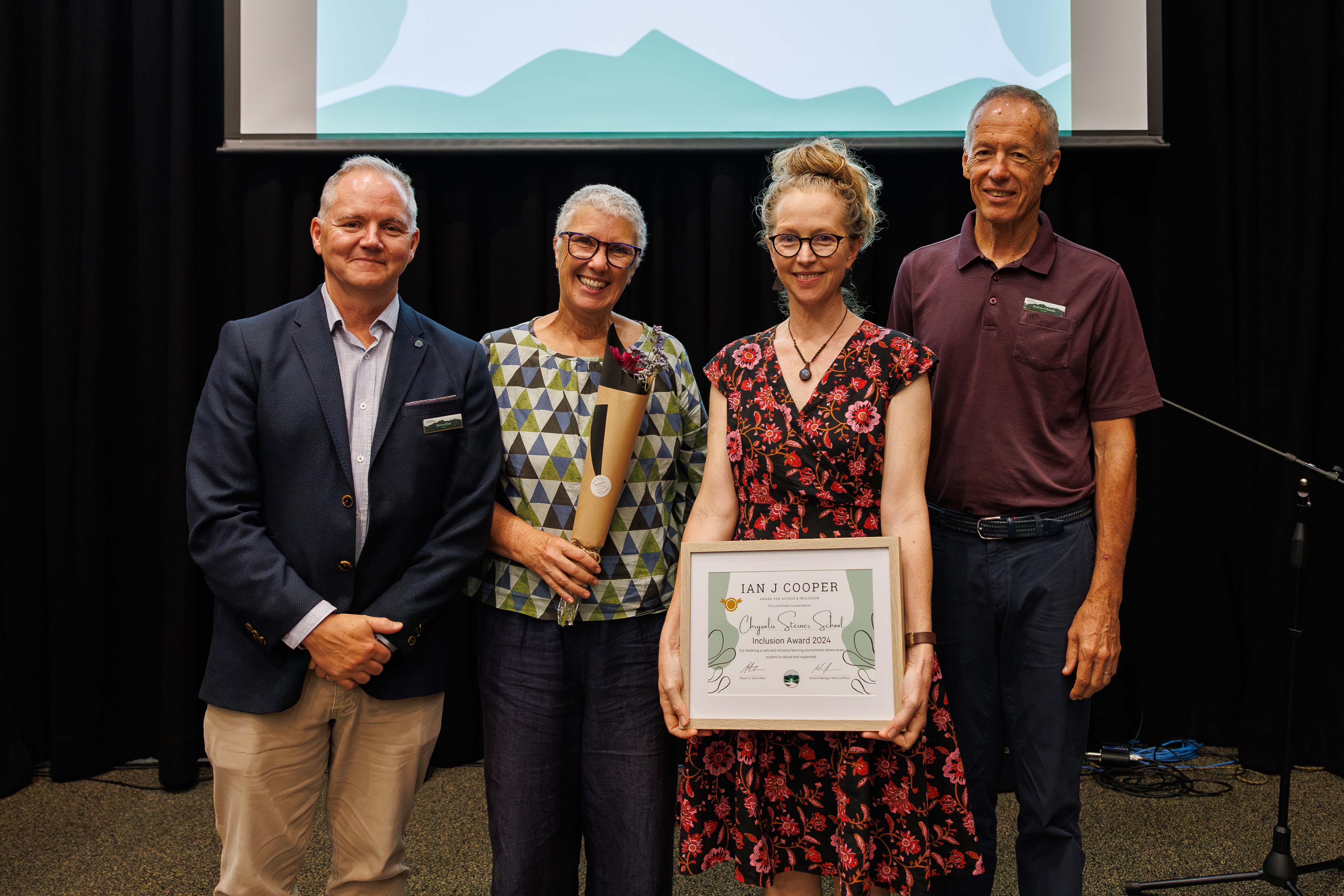 Jen Boxtell & Jane Farrah accepting award on behalf of Chrysalis Steiner School Year 6 Teaching Team: with Mayor Cr. Steve Allan and Cr. Andrew O’Keeffe (Jay and The Trees Photography)